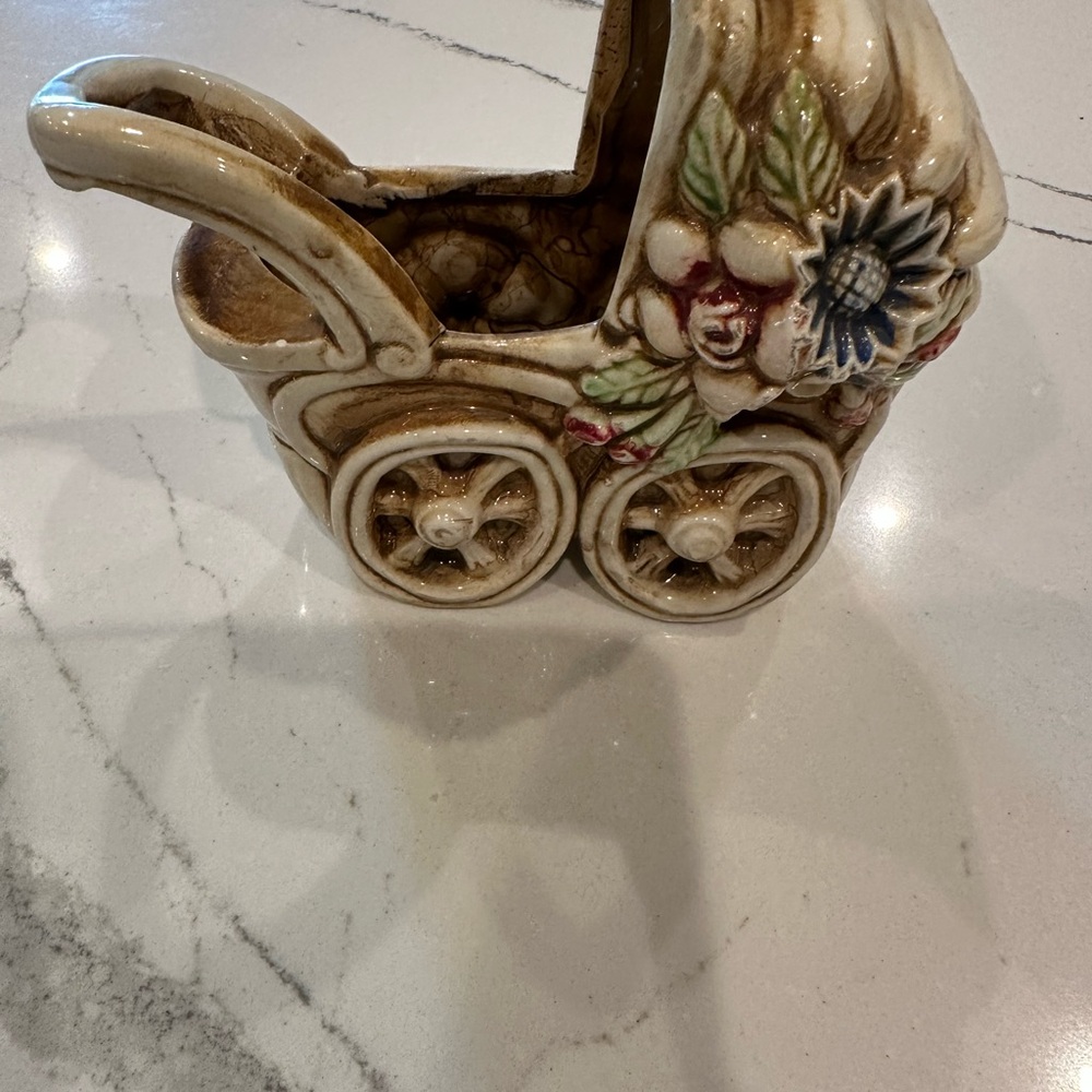 Vintage Ceramic Baby Carriage Planter mid century